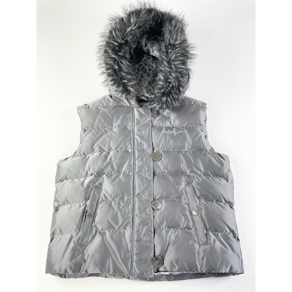 Baby Phat Puffer Vest Size XL Silver Hooded Faux Fur Full Zip Detachable Fur